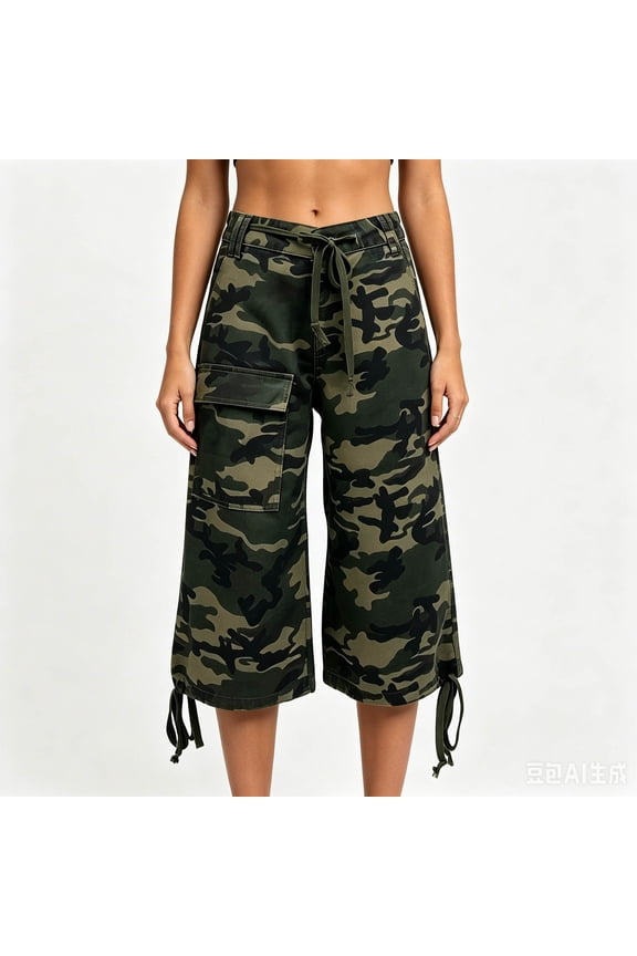 Women's Pants Casual Camouflage Pattern Loose Fit Capri Cargo Bottom With Pockets Comfortable Everyday Wear Vacation Travel Trousers