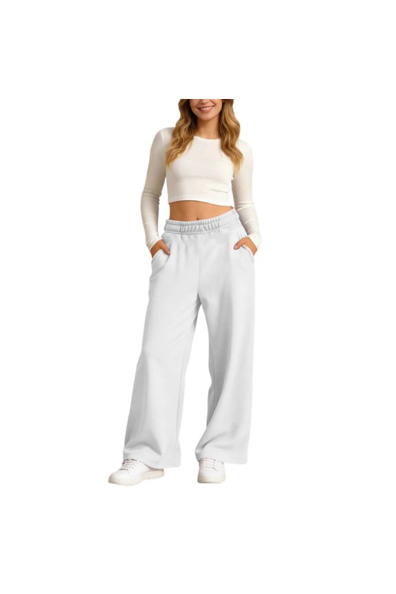 Women's Pants Casual Elastic Waist Solid Color Wide Leg Sweatpants with Pocket Comfortable Loose Fit Elegant Chic Trousers