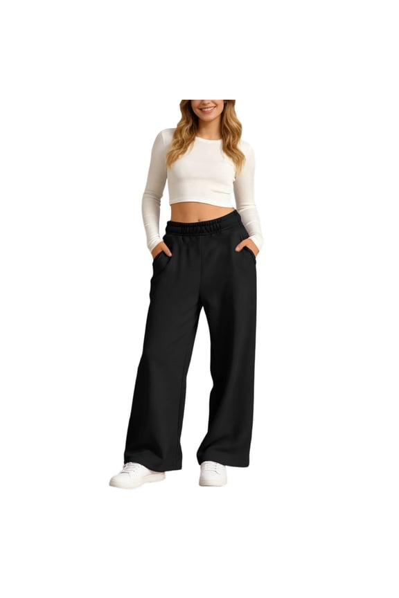 Women's Pants Casual Elastic Waist Solid Color Wide Leg Sweatpants with Pocket Comfortable Loose Fit Trendy Vibrant Trousers