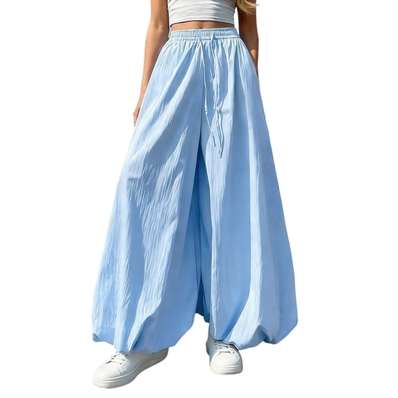 RUTAYY Women's Pants Casual Flowy Wide Leg Solid Color with Drawstring Ice Silk Summer Loose Fit Soft Comfortable Palazzo Bottoms Travel Elegant Trousers