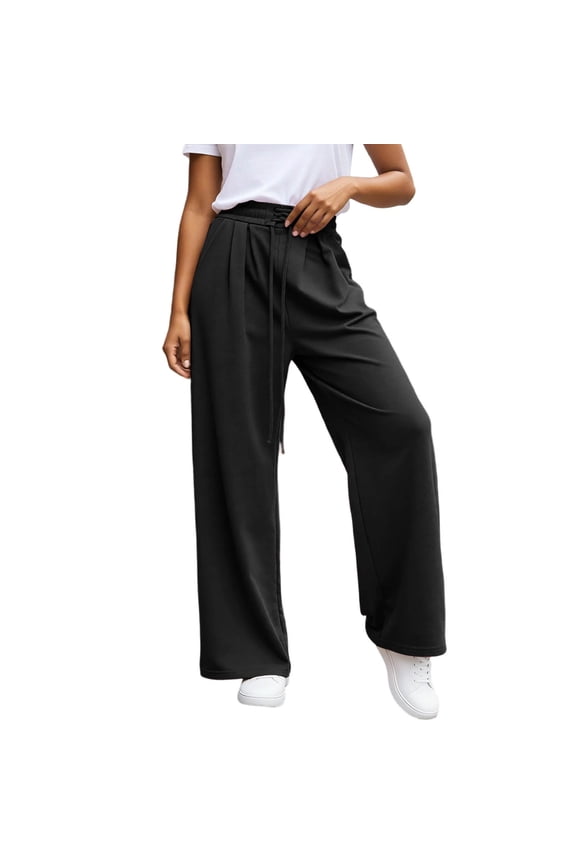 Women's Pants Casual High Waist Tied Drawstring Wide Leg Sweatpants with Pocket Comfortable Loose Fit Chic Holiday Trousers