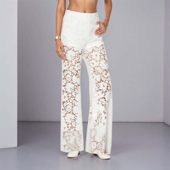 RUTAYY Women's Pants Casual High Waisted Lace Hollow Out Straight Leg Party Daily Wear Comfortable Stretchy Elastic Waistband Loose Fit Long Bottom Travel Elegant Trousers