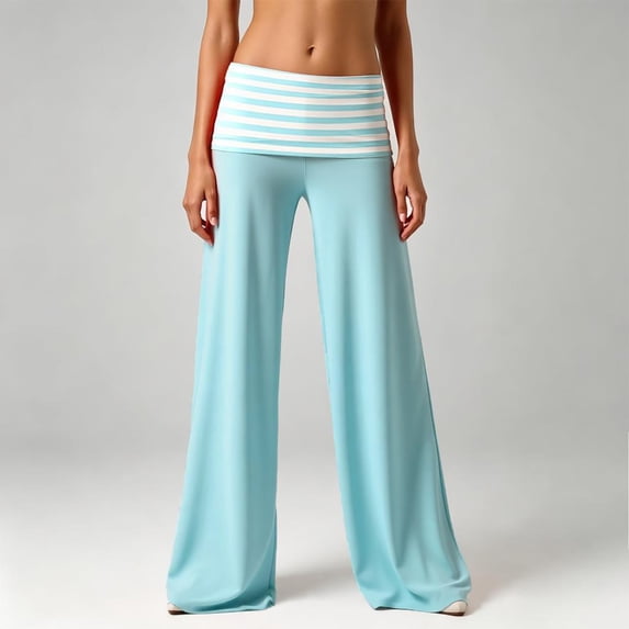 RUTAYY Women's Pants Casual Striped Fold Waist Loose Wide Leg Flowy Bottom Comfortable Everyday Wear Trendy Vacation Trousers