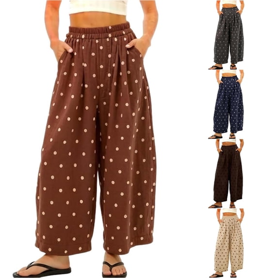 RUTAYY Women's Pants Casual Summer Bohemian Polka Dot Print Flowy Wide Leg Buttom Elastic Waistband Loose Fit Long Palazzo Bottom Chic Travel Trousers
