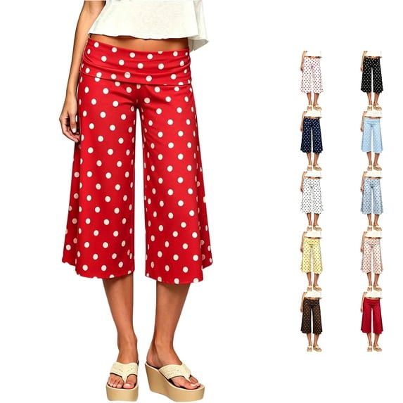 RUTAYY Women's Pants Cropped Wide Leg Polka Dot Fold Over Waist Loose Stretch Casual Trousers Brick Red