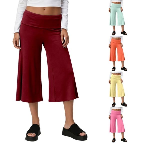 RUTAYY Women's Pants Cropped Wide Leg Solid Color Fold Over Waist Stretch Loose Yoga Trousers Brick Red