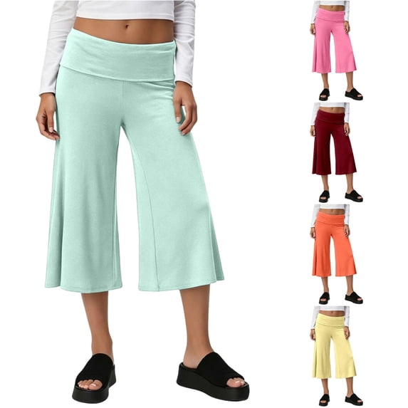 RUTAYY Women's Pants Cropped Wide Leg Solid Color Fold Over Waist Stretch Loose Yoga Trousers Mint Green
