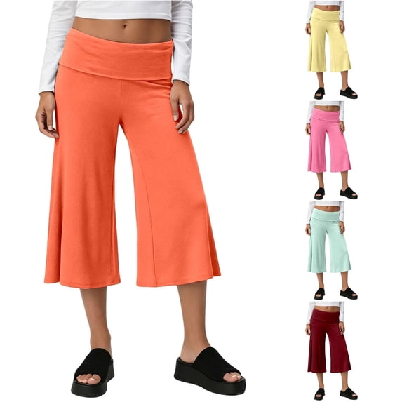 RUTAYY Women's Pants Cropped Wide Leg Solid Color Fold Over Waist Stretch Loose Yoga Trousers Orange