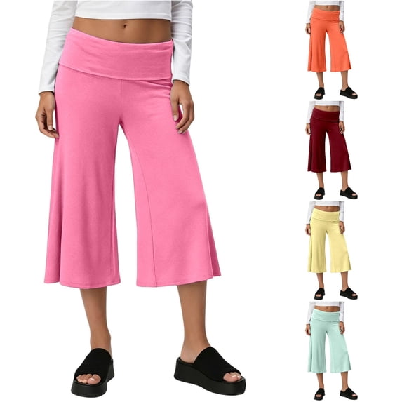 RUTAYY Women's Pants Cropped Wide Leg Solid Color Fold Over Waist Stretch Loose Yoga Trousers