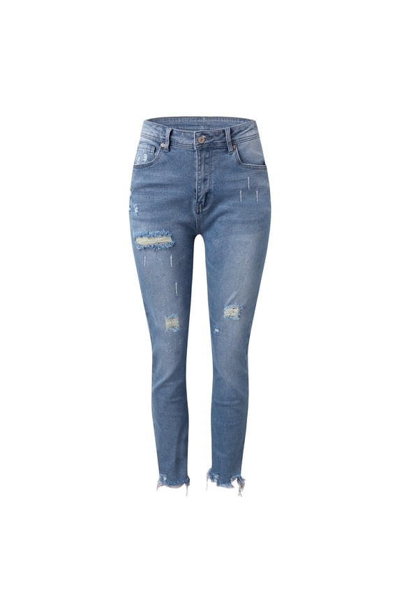 Women's Pants Distressed Washed Denim Bottoms Solid Color Comfortable Casual with Pockets Daily Wear Elegant Chic Trousers