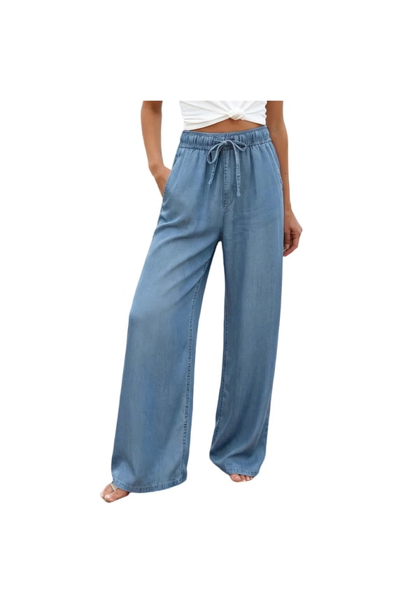 Women's Pants Effortless Wide Leg Solid Color Relaxed Casual Everyday Bottoms with Pockets Drawstring Comfortable Breathable Chic Travel Trousers