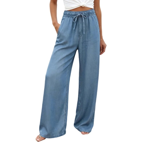 RUTAYY Women's Pants Effortless Wide Leg Solid Color Relaxed Casual Everyday Bottoms with Pockets Drawstring Comfortable Breathable Vibrant Holiday Trousers
