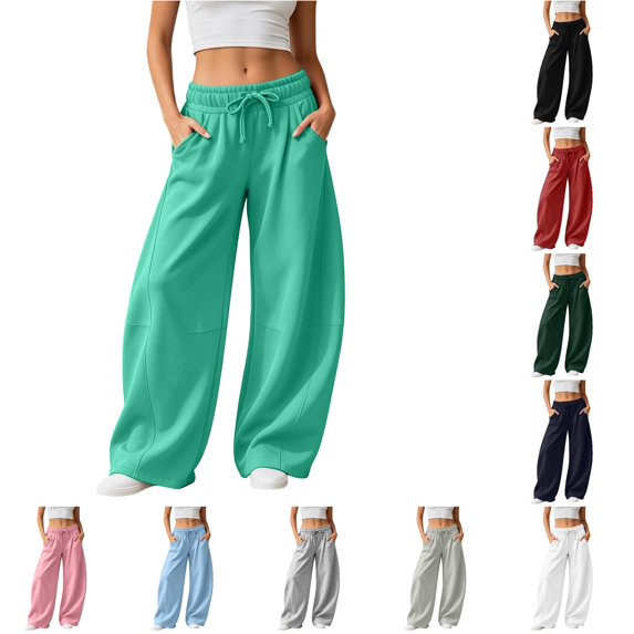 RUTAYY Women's Pants Elastic Drawstring Waist Wide Leg Solid Color Side Pockets Casual Trousers Green