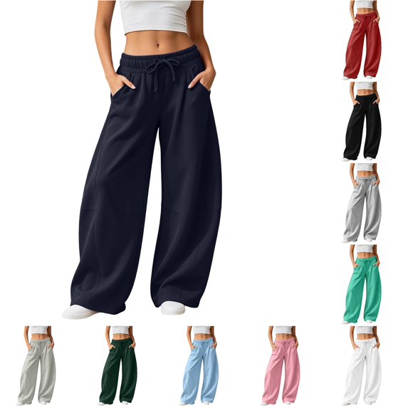 RUTAYY Women's Pants Elastic Drawstring Waist Wide Leg Solid Color Side Pockets Casual Trousers Navy