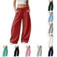 thumbnail image 1 of RUTAYY Women's Pants Elastic Drawstring Waist Wide Leg Solid Color Side Pockets Casual Trousers Red, 1 of 6