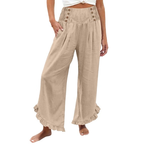 RUTAYY Women's Pants High Waist Solid Color Casual Loose Fit Drawstring Waistband Asymmetrical Hem Comfortable Relaxed Holiday Trousers