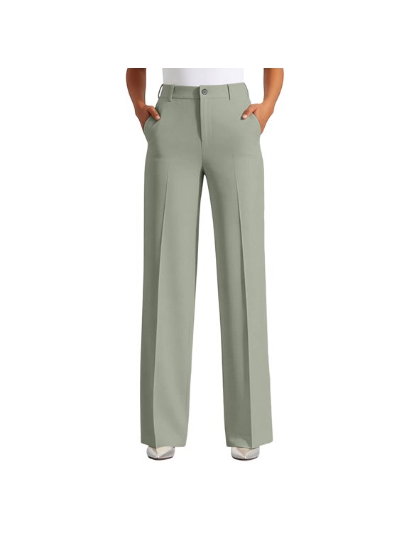 Women's Pants High Waist Solid Color Straight Leg Soft Drape Bottoms Comfortable Casual Wide Leg Minimalist Work Slacks with Pockets Trendy Trip Trousers