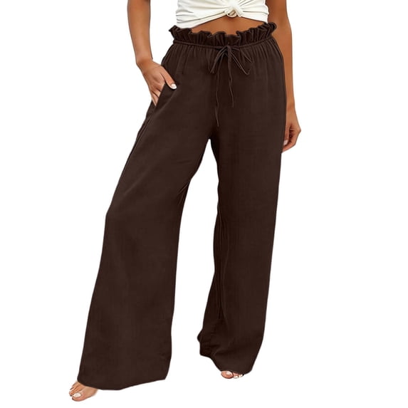 RUTAYY Women's Pants High Waist with Drawstring Solid Color Casual Everyday Wear Breathable Elastic Waist Elegant Holiday Trousers