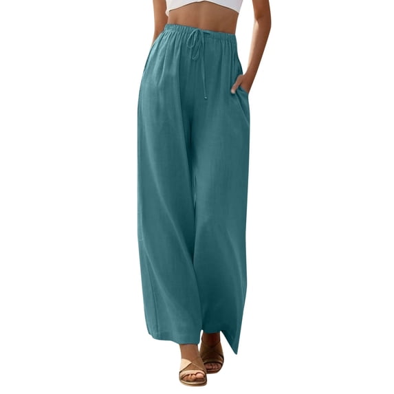 RUTAYY Women's Pants High Waisted Drawstring Elastic Comfy Straight Wide Leg Long Pants with Pockets Trendy Travel Trousers