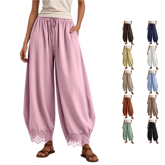RUTAYY Women's Pants Knit Lace Capris Solid Color With Pockets Drawstring Elastic Waist Daily Wear Trendy Trip Trousers