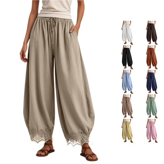 RUTAYY Women's Pants Knit Lace Capris Solid Color With Pockets Drawstring Elastic Waist Daily Wear Trendy Trip Trousers