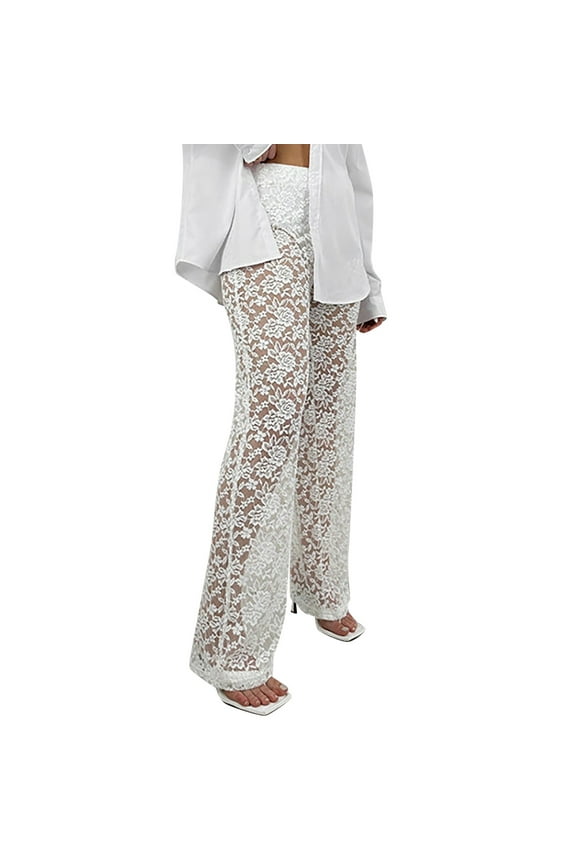 Women's Pants Lace High Waisted Patchwork Long Straight Leg Solid Color Chic Elegant Trousers