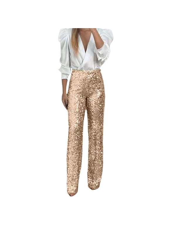 Women's Pants Sequins Elastic Waist Slim Fit Flared Pants Solid Color Versatile Travel Trousers