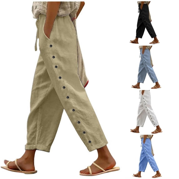RUTAYY Women's Pants Solid Color Elastic Waist Loose With Pockets Casual Bottom Comfortable Daily Wear Classic Seaside Trousers