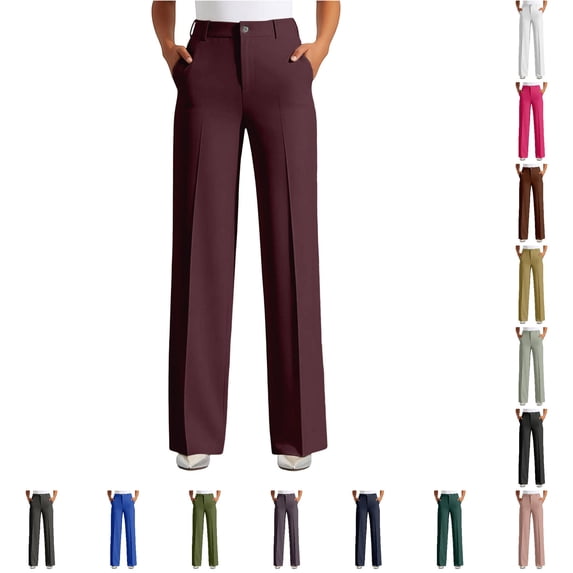 RUTAYY Women's Pants Solid Color High Waist Straight Wide Leg With Pockets Button Soft Comfortable Bottom Casual Work Slacks Chic Travel Trousers