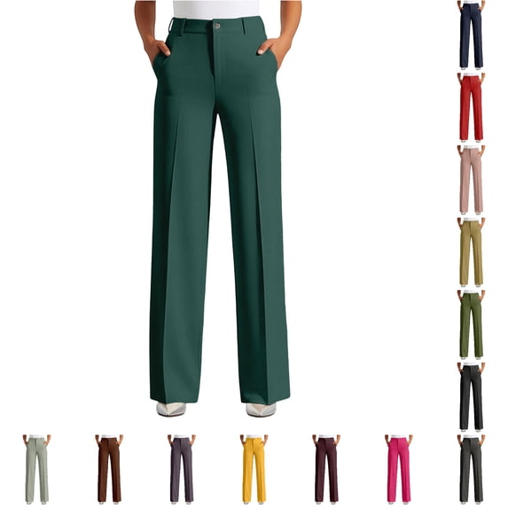 RUTAYY Women's Pants Solid Color High Waist Straight Wide Leg With Pockets Button Soft Comfortable Bottom Casual Work Slacks Elegant Holiday Trousers