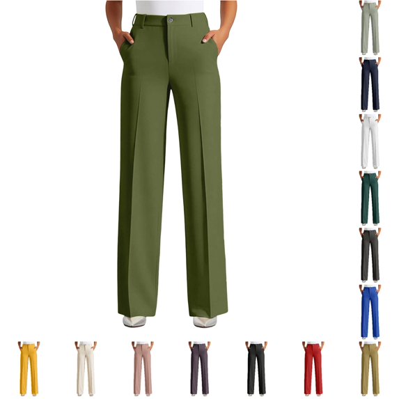 RUTAYY Women's Pants Solid Color High Waist Straight Wide Leg With Pockets Button Soft Comfortable Bottom Casual Work Slacks Trendy Trip Trousers