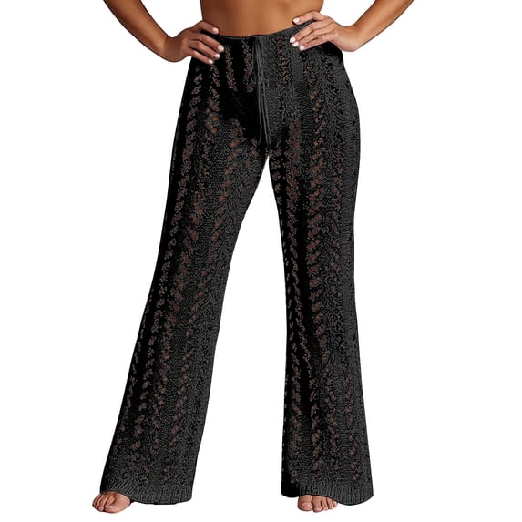 RUTAYY Women's Pants Solid Color Hollow Out Knitted with Drawstring Comfortable Breathable Holiday Vibrant Trousers