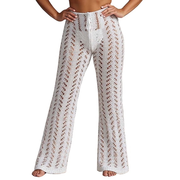 RUTAYY Women's Pants Solid Color Hollow Out Knitted with Drawstring Comfortable Breathable Travel Elegant Trousers