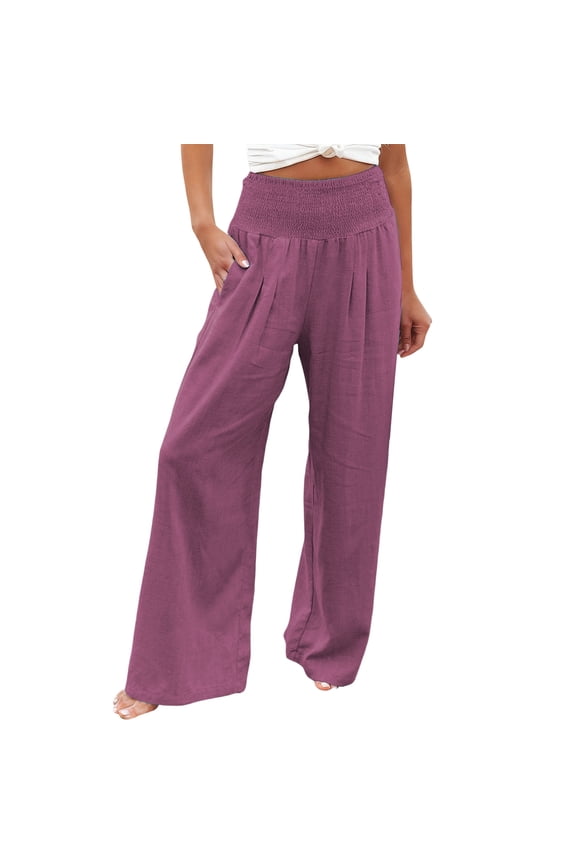 Women's Pants Stretch High Waisted Wide Leg Solid Color Casual Bottoms with Pockets Daily Wear Trendy Trip Trousers