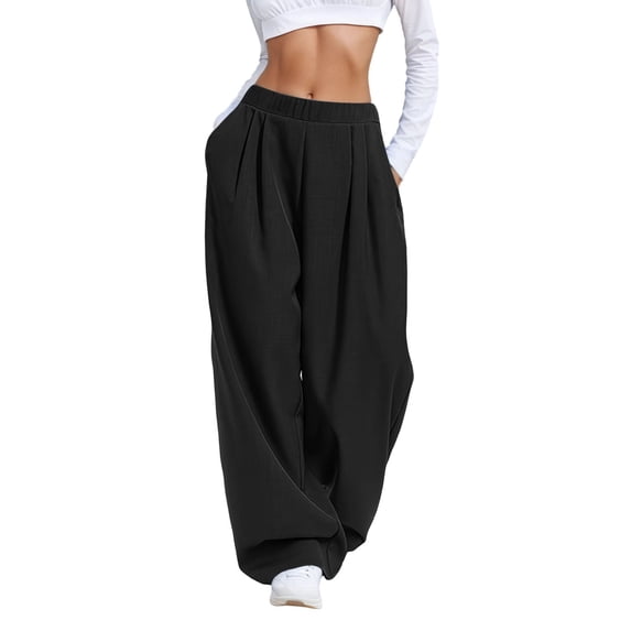RUTAYY Women's Pants Wide Leg Mid Rise Solid Color Loose Fit Casual Everyday Wear with Pocket Chic Holiday Trousers