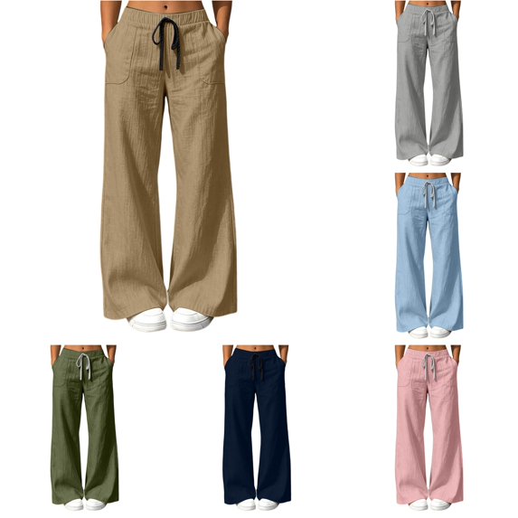 RUTAYY Women's Pants Wide Leg Solid Color Drawstring Waist Side Pockets Relaxed Fit Fashion Trousers Khaki