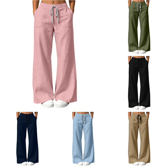 RUTAYY Women's Pants Wide Leg Solid Color Drawstring Waist Side Pockets Relaxed Fit Fashion Trousers Pink