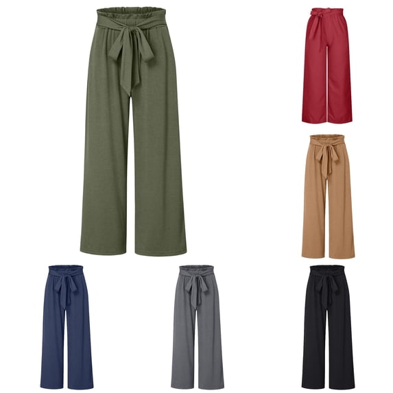RUTAYY Women's Pants Wide Leg Solid Color Ruffle Paperbag Waist Self Tie Bow Belt Loose Vacation Trousers Army Green