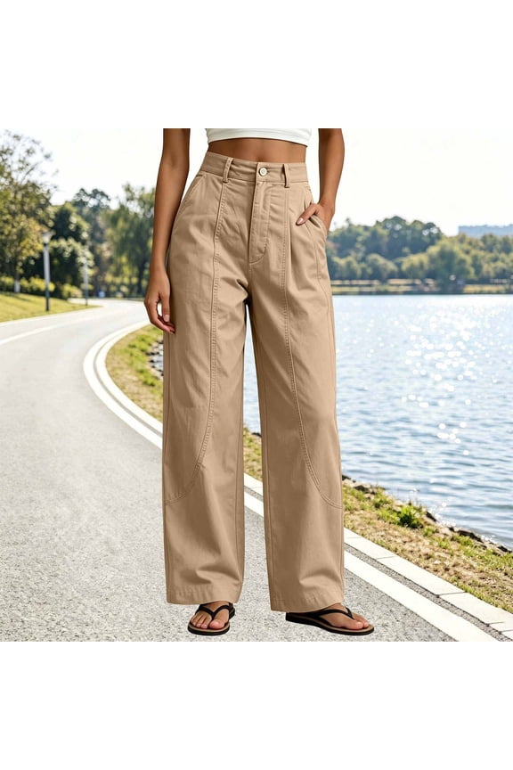 Women's Pants Wide Leg Twill Solid Color High Waist Button Zipper Fly Front Vertical Seam Curved Side Stitch Pockets Loose Casual Trousers Khaki