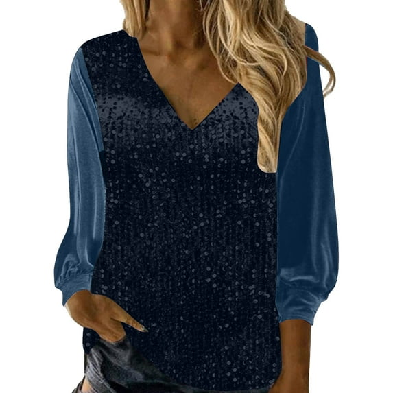 RUTAYY Women's Shirts V-Neck Shiny Sequin Long Sleeve Loose Soft Comfortable Blouse Holiday Versatile Tops