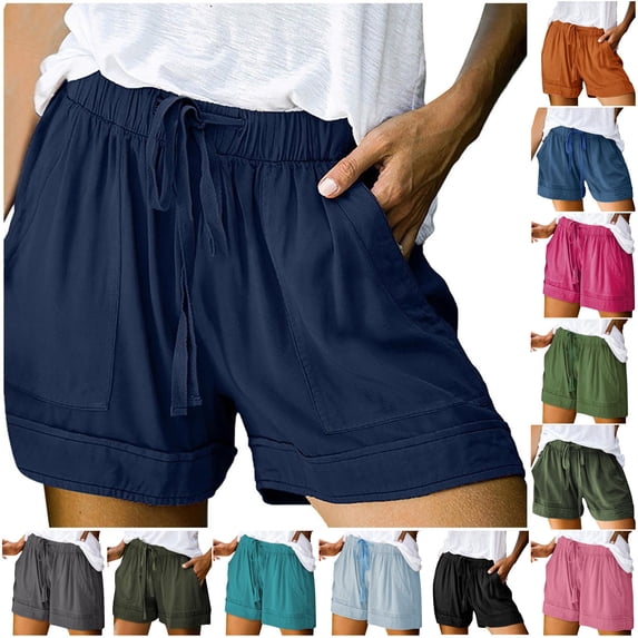 RUTAYY Women's Shorts Comfy Solid Color with Pockets Drawstring Casual Elastic Waist Pocketed Loose Bottom Holiday Beach Shorts