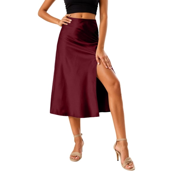 RUTAYY Women's Skirt Casual Solid Color Satin High Waist Stretchy Elastic Band Side Slit Comfortable Classic Trendy Midi Skirt
