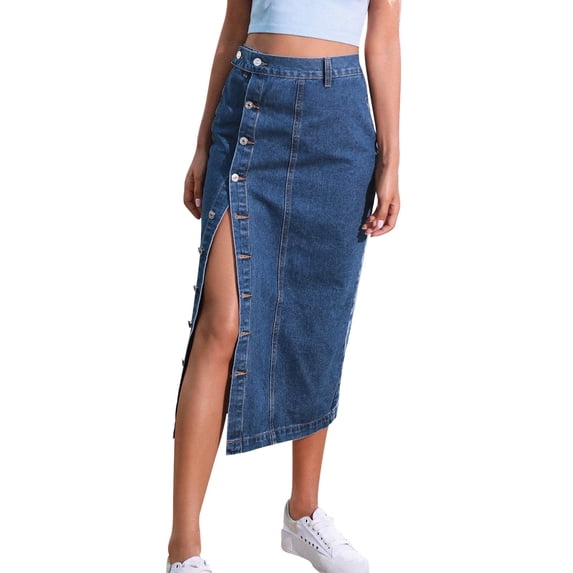 RUTAYY Women's Skirt Solid Color Button Irregular Slit Denim High Waist Long Skirt Daily Wear Fashion Playful Long Skirt