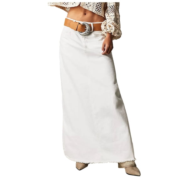 RUTAYY Women's Skirt Solid Color Denim Hem High Waist A-Line Long Jean Bottom Comfortable Breathable Party Daily Wear Trendy Classic Long Skirt