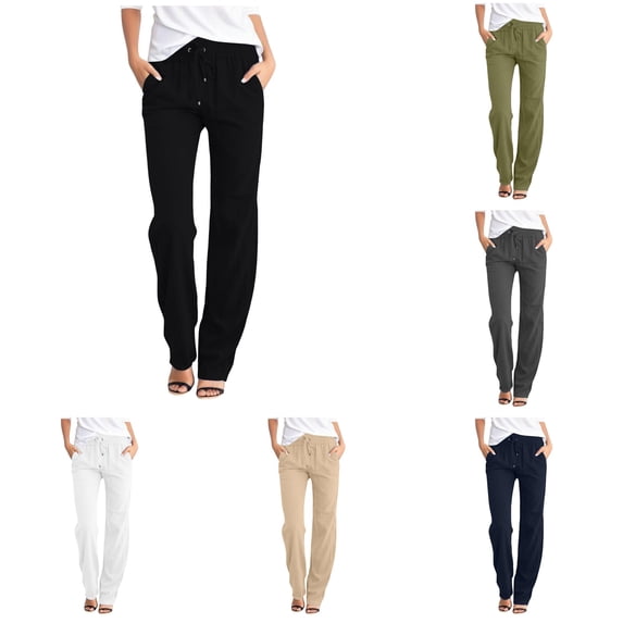 RUTAYY Women's Straight Leg Pants Solid Color Elastic Drawstring Waist Side Pockets Loose Casual Trousers Black
