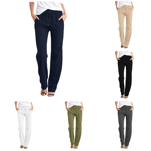 RUTAYY Women's Straight Leg Pants Solid Color Elastic Drawstring Waist Side Pockets Loose Casual Trousers Dark Blue