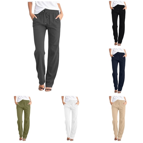 RUTAYY Women's Straight Leg Pants Solid Color Elastic Drawstring Waist Side Pockets Loose Casual Trousers Grey