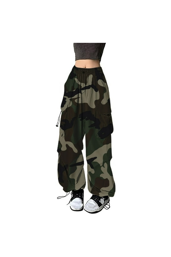 Women's Sweatpants Baggy Cargo Camo Print Straight Leg Streetwear Joggers Drawstring Casual Loose Wide Leg Relaxed Holiday Trousers