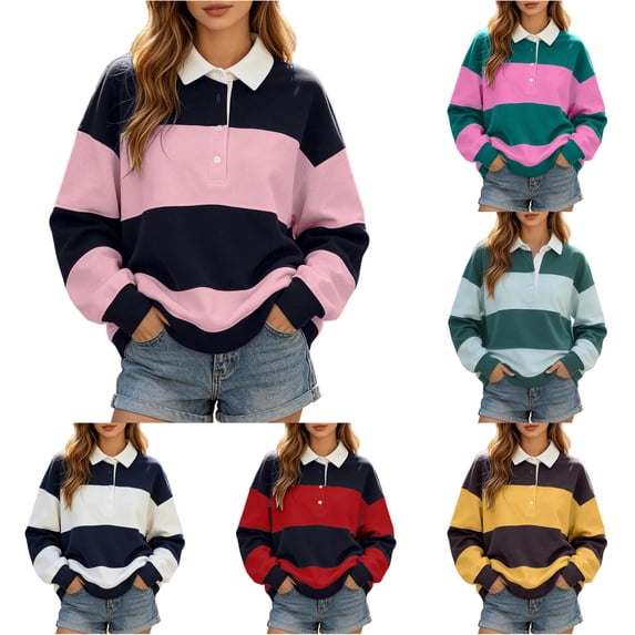 RUTAYY Women's Sweatshirt Color Block Turndown Collar Versatile Pullover Long Sleeve Casual Streetwear Crewneck Sweatshirt Pink