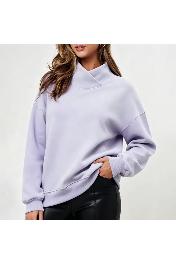 Women's Sweatshirt Cross Wrap Neck Solid Color Long Sleeve Loose Casual Pullover Tops Light Purple